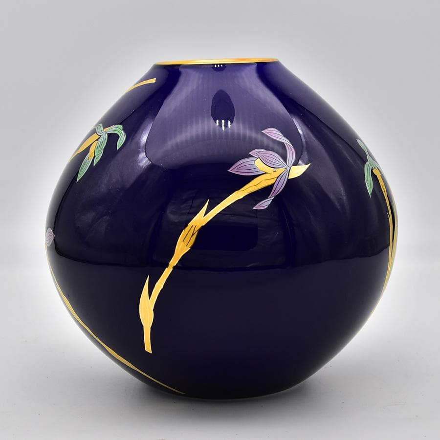 新品未使用 宮内庁御用達 香蘭社 花生 瑠璃色 蘭の香 花瓶 共箱 花器花瓶置物