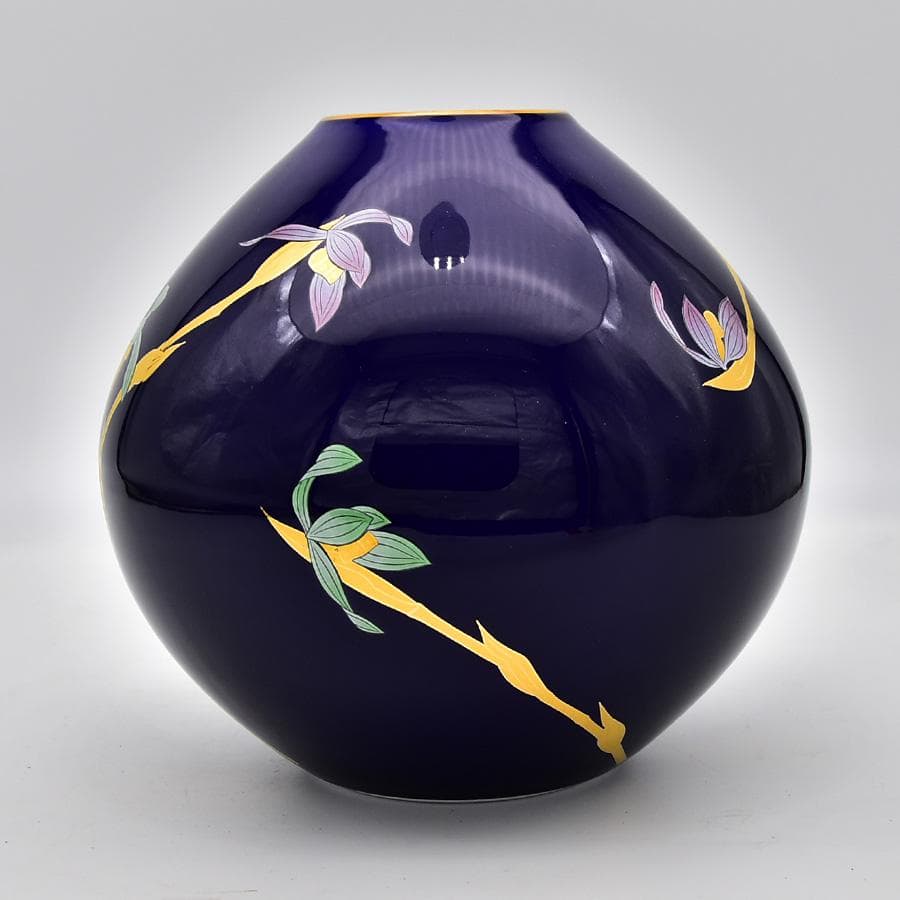 新品未使用 宮内庁御用達 香蘭社 花生 瑠璃色 蘭の香 花瓶 共箱 花器花瓶置物