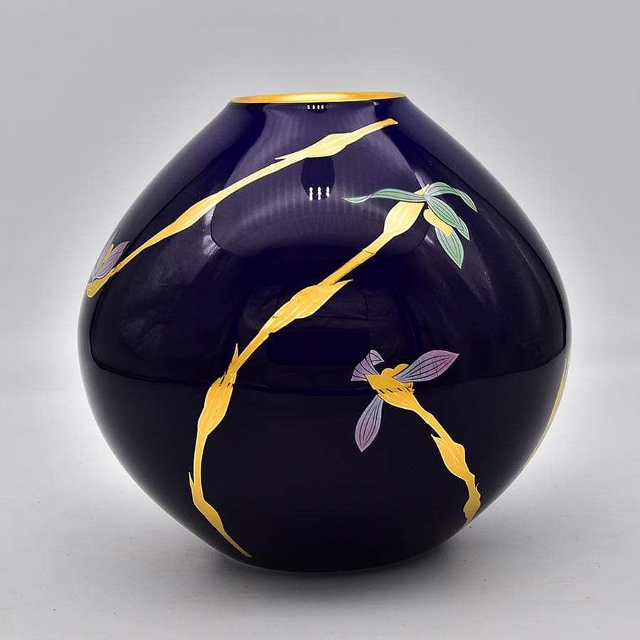 新品未使用 宮内庁御用達 香蘭社 花生 瑠璃色 蘭の香 花瓶 共箱 花器花瓶置物