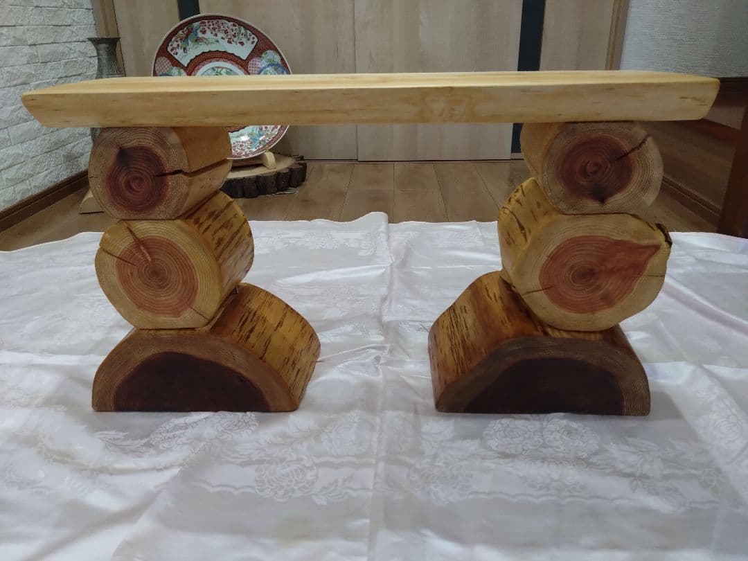 檜のベンチ(76・77)　あいこ❕丸太風の脚節無し座面をつるつる仕上げ