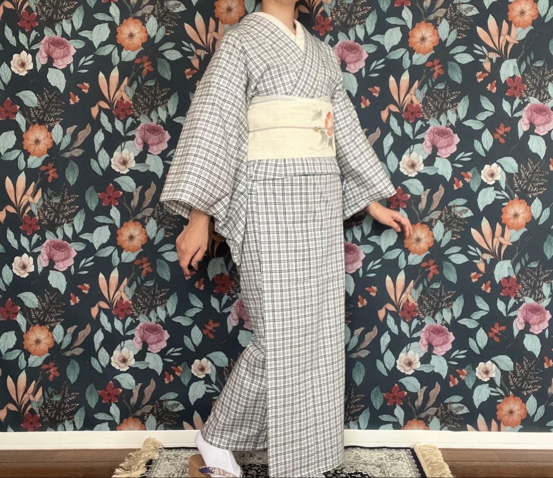 木綿着物　モノトーンチェック　手縫い　ハンドメイド