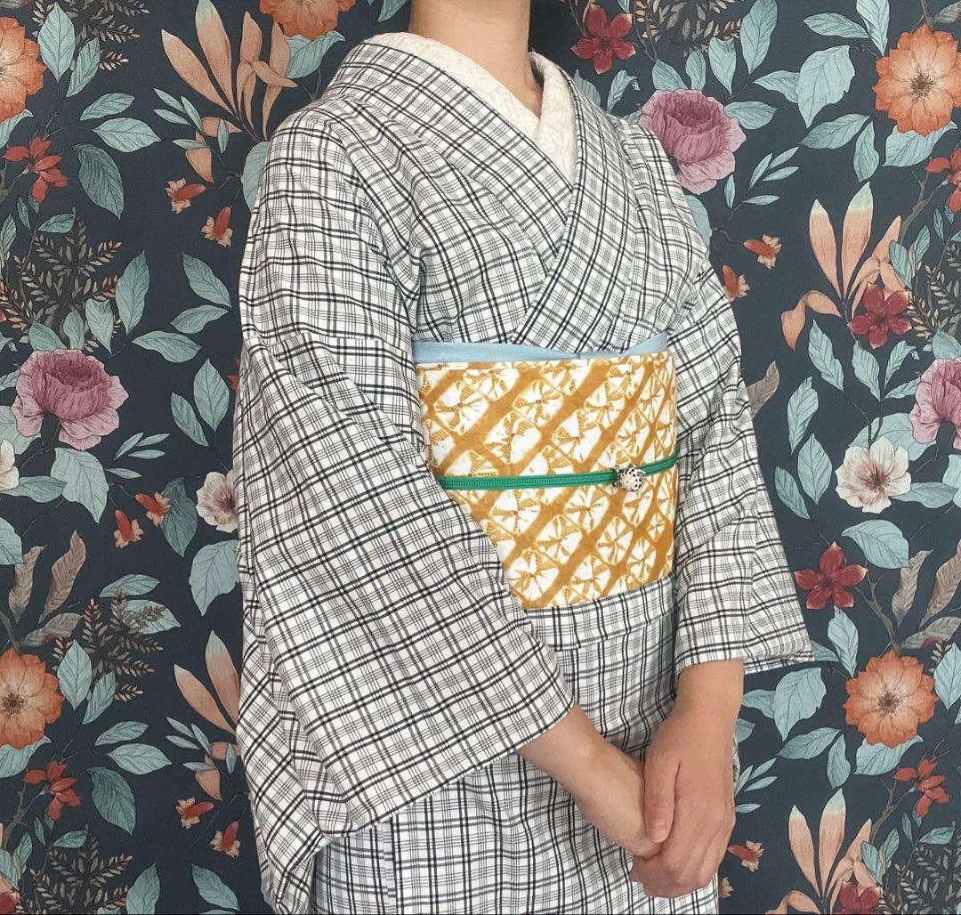 木綿着物　モノトーンチェック　手縫い　ハンドメイド
