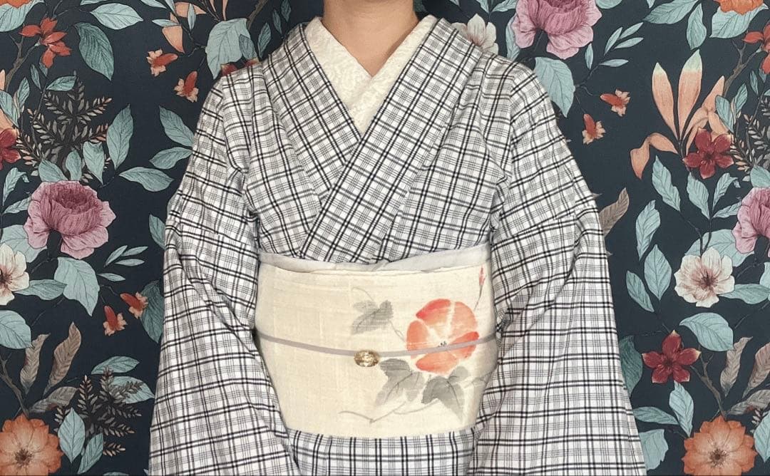 木綿着物　モノトーンチェック　手縫い　ハンドメイド
