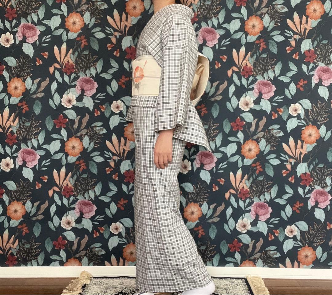 木綿着物　モノトーンチェック　手縫い　ハンドメイド