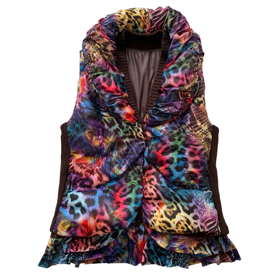 美品 伊太利屋 イタリヤ アニマル柄 ダウン ベスト 11 レインボー ヒョウ柄