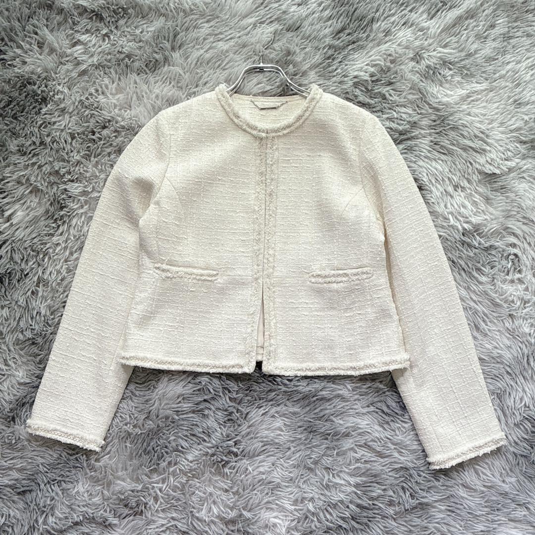 セルフォード ノーカラーツイードジャケット M アイボリー 上品 入学式 入園式