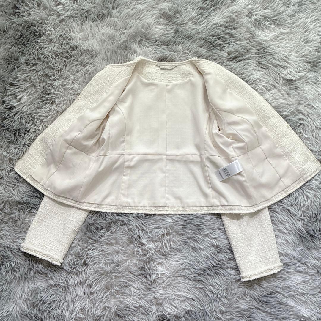 セルフォード ノーカラーツイードジャケット M アイボリー 上品 入学式 入園式