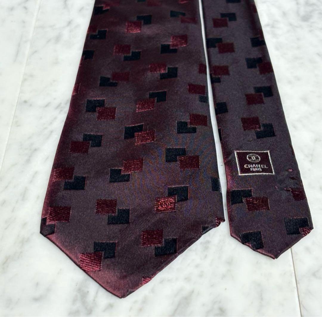 CHANEL シャネル ネクタイ レッド ボルドー ココマーク 光沢 イタリア製