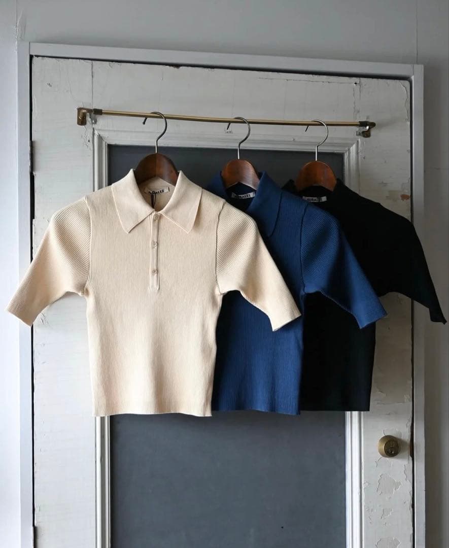 AURALEE ハイゲージ リブニット ポロ 五分袖 ネイビー 美品