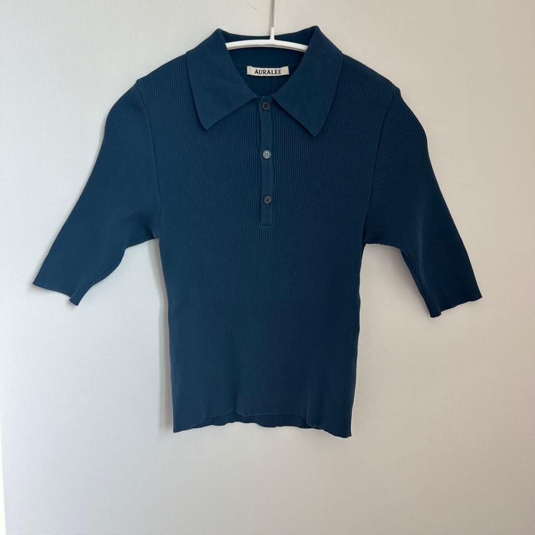 AURALEE ハイゲージ リブニット ポロ 五分袖 ネイビー 美品