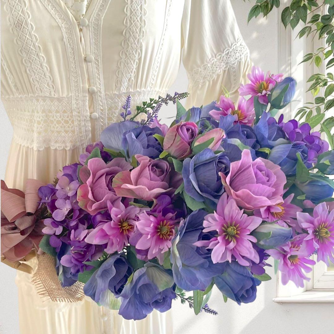 まりえ 光触媒フラワー ブルーローズとパープルローズの花束風スワッグ