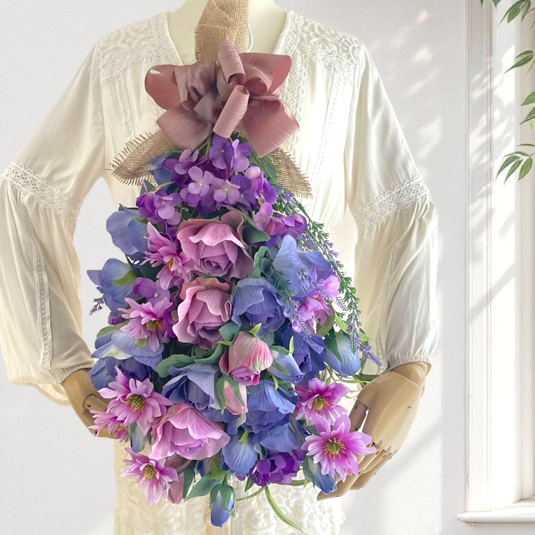 まりえ 光触媒フラワー ブルーローズとパープルローズの花束風スワッグ