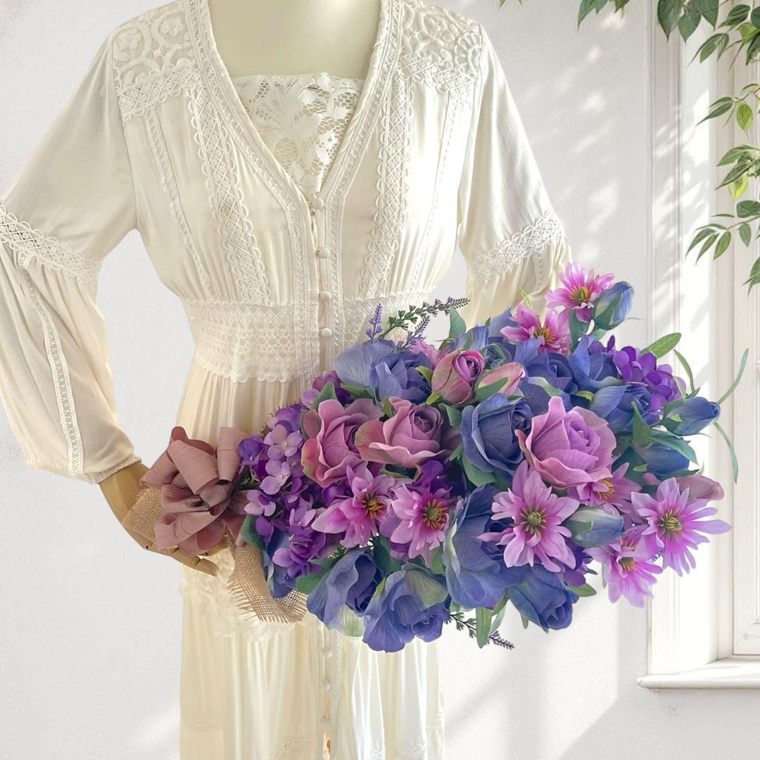 まりえ 光触媒フラワー ブルーローズとパープルローズの花束風スワッグ