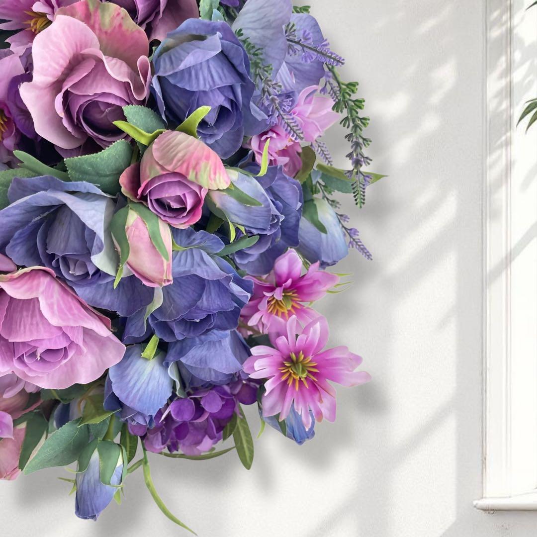 まりえ 光触媒フラワー ブルーローズとパープルローズの花束風スワッグ