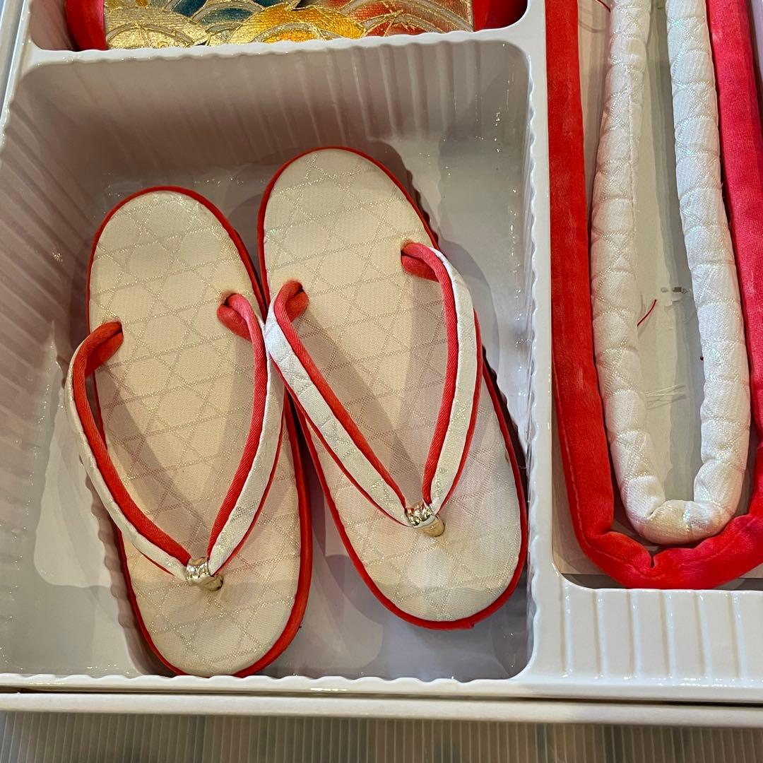 七五三用 はこせこ　朱色と金　草履・バッグ・小物セット　18㎝ 和装