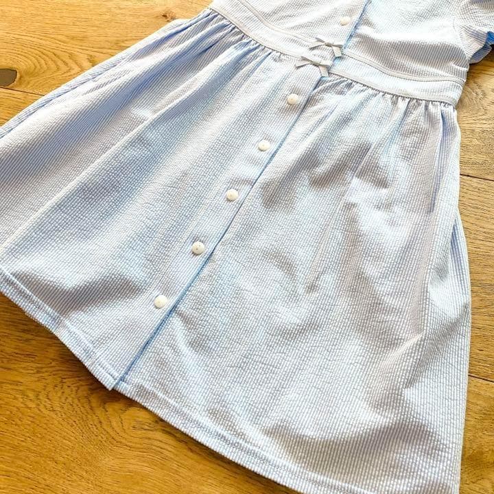 新品　組曲　 襟花刺繍 ワンピース 半袖 ブルー　130-140　6657