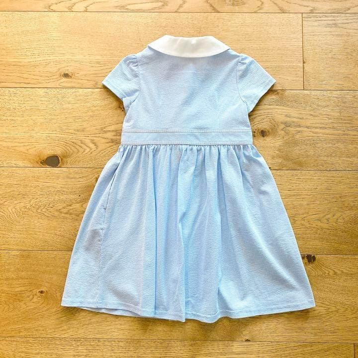 新品　組曲　 襟花刺繍 ワンピース 半袖 ブルー　130-140　6657