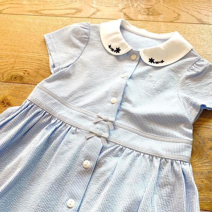 新品　組曲　 襟花刺繍 ワンピース 半袖 ブルー　130-140　6657