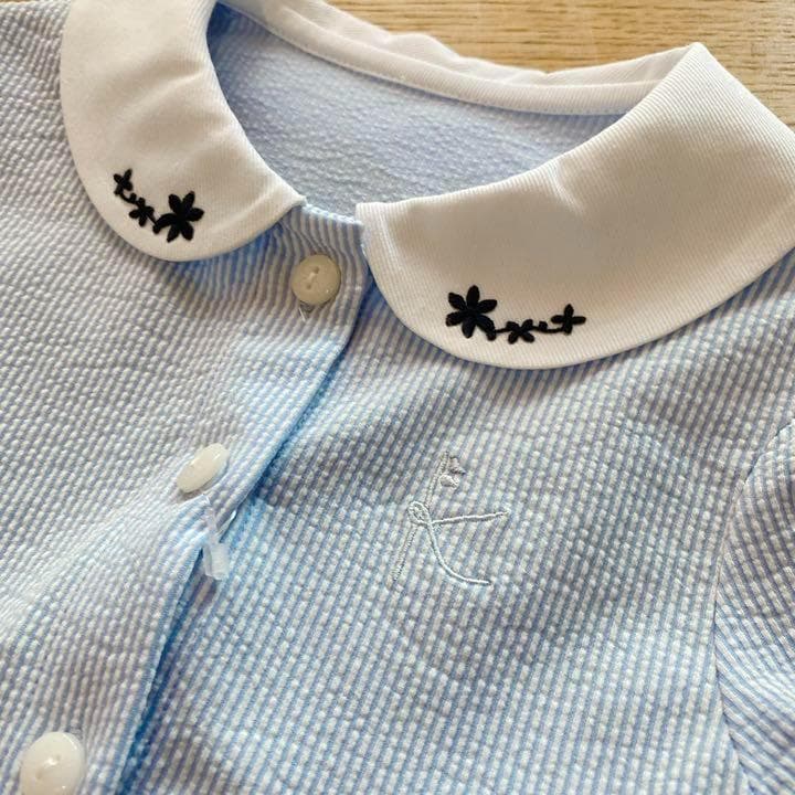 新品　組曲　 襟花刺繍 ワンピース 半袖 ブルー　130-140　6657