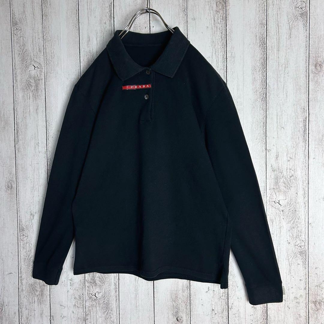 【希少デザイン】プラダ☆センターブランドロゴ入り長袖ポロシャツ ラバーロゴ