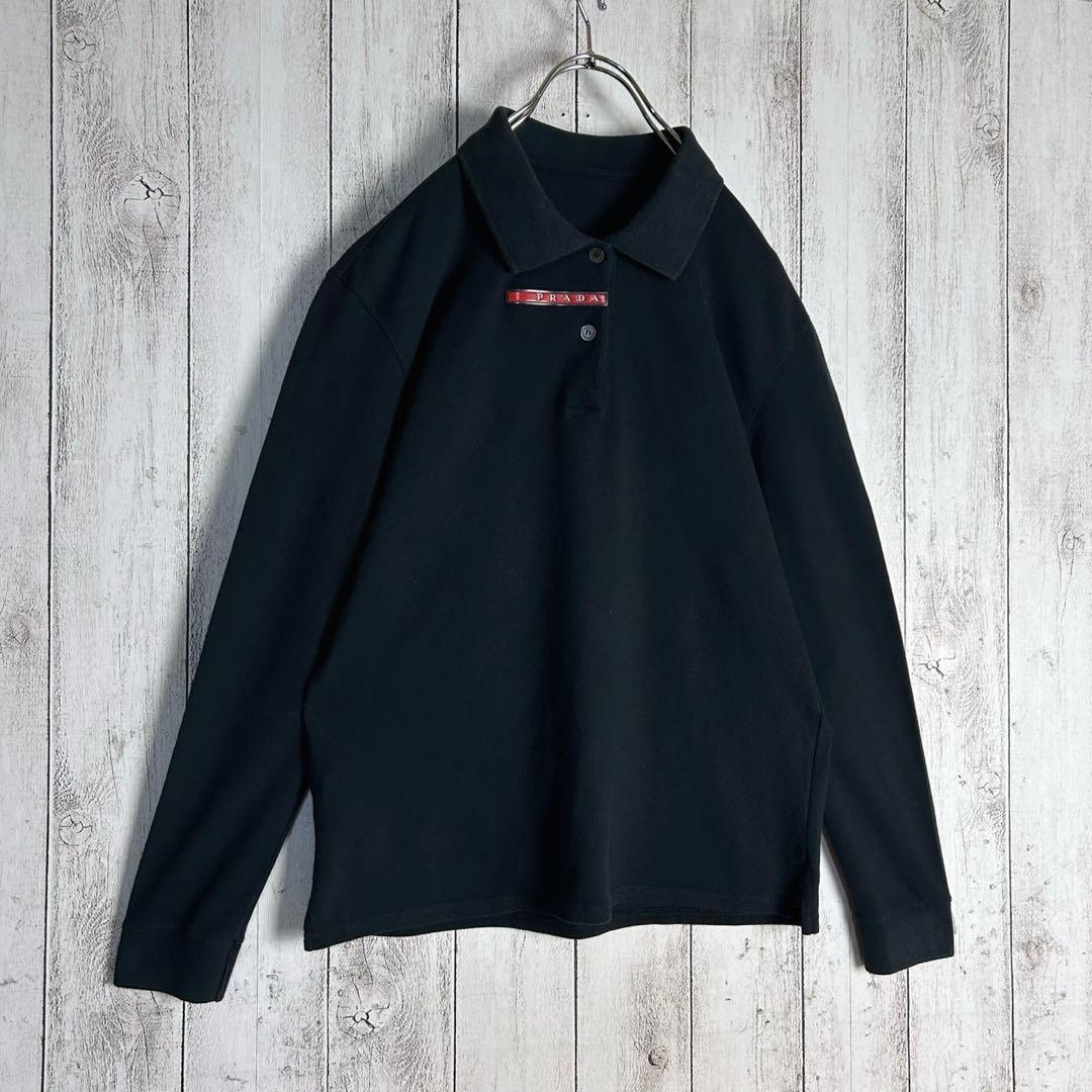 【希少デザイン】プラダ☆センターブランドロゴ入り長袖ポロシャツ ラバーロゴ