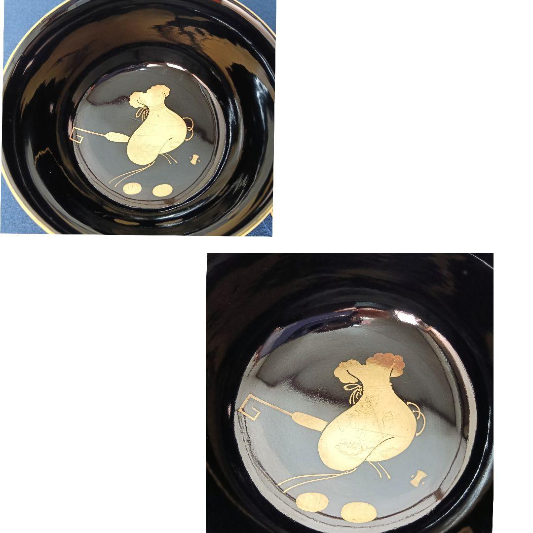 AO71 時代漆器 盃洗 一対 宝尽くし 蒔絵 受け皿付 木製漆塗り 木箱入り