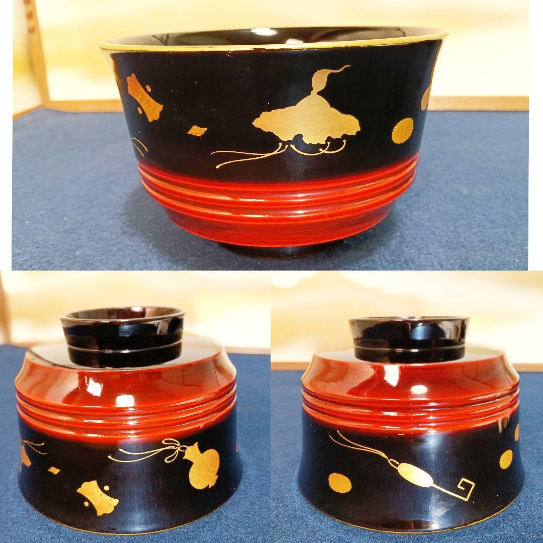 AO71 時代漆器 盃洗 一対 宝尽くし 蒔絵 受け皿付 木製漆塗り 木箱入り