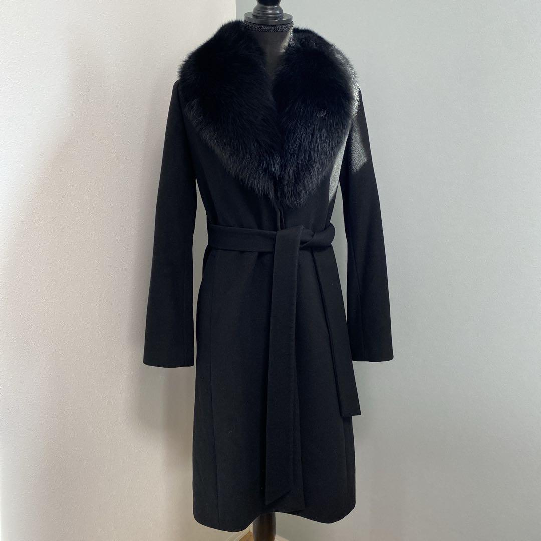 ピンキーアンドダイアン カシミヤ混 フォックスファーコート ベルト付き 黒 38
