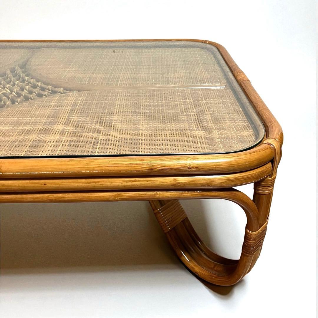 【美品】ラタン製 ローテーブル　センターテーブル　ガラス天板　籐家具　昭和レトロ