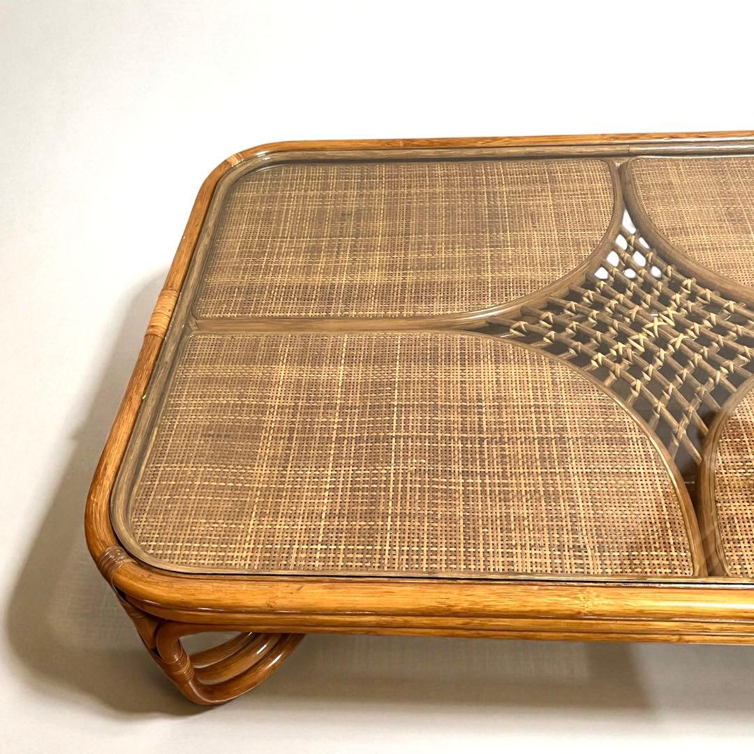 【美品】ラタン製 ローテーブル　センターテーブル　ガラス天板　籐家具　昭和レトロ