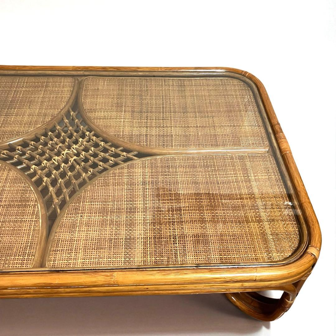 【美品】ラタン製 ローテーブル　センターテーブル　ガラス天板　籐家具　昭和レトロ