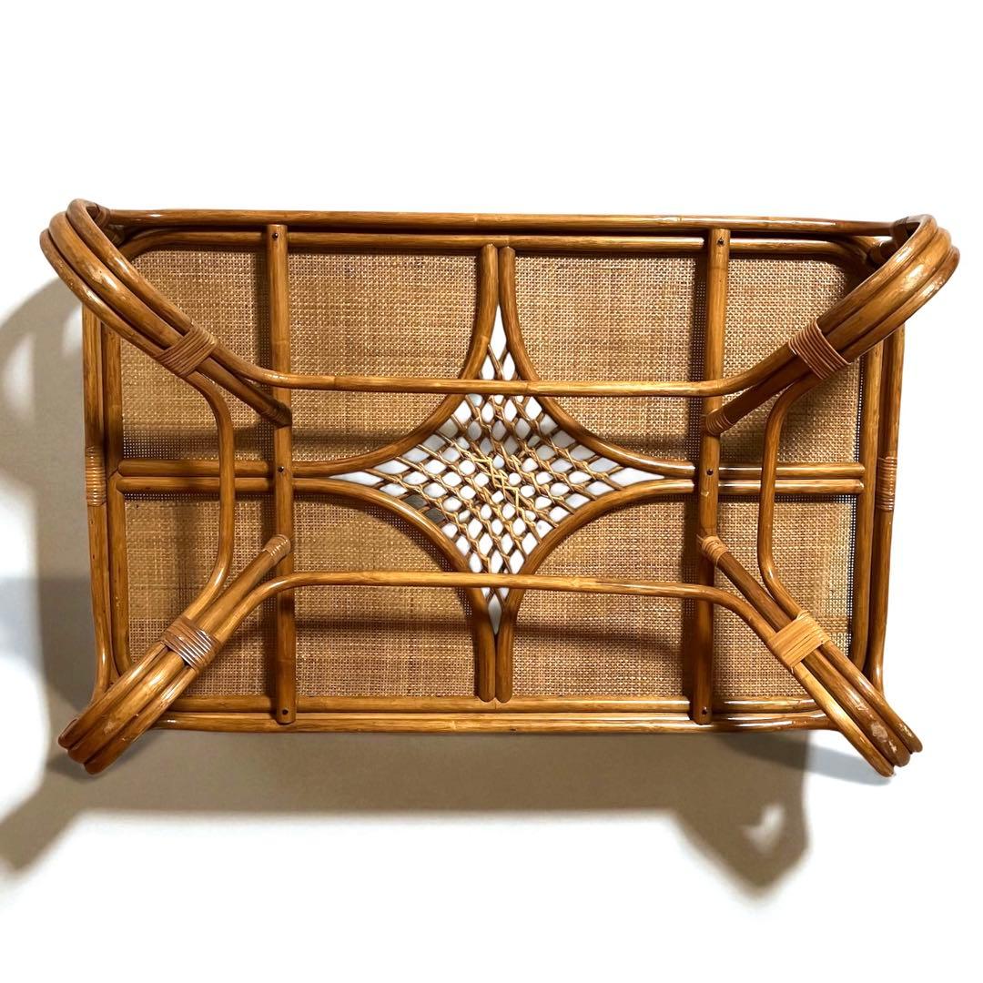 【美品】ラタン製 ローテーブル　センターテーブル　ガラス天板　籐家具　昭和レトロ