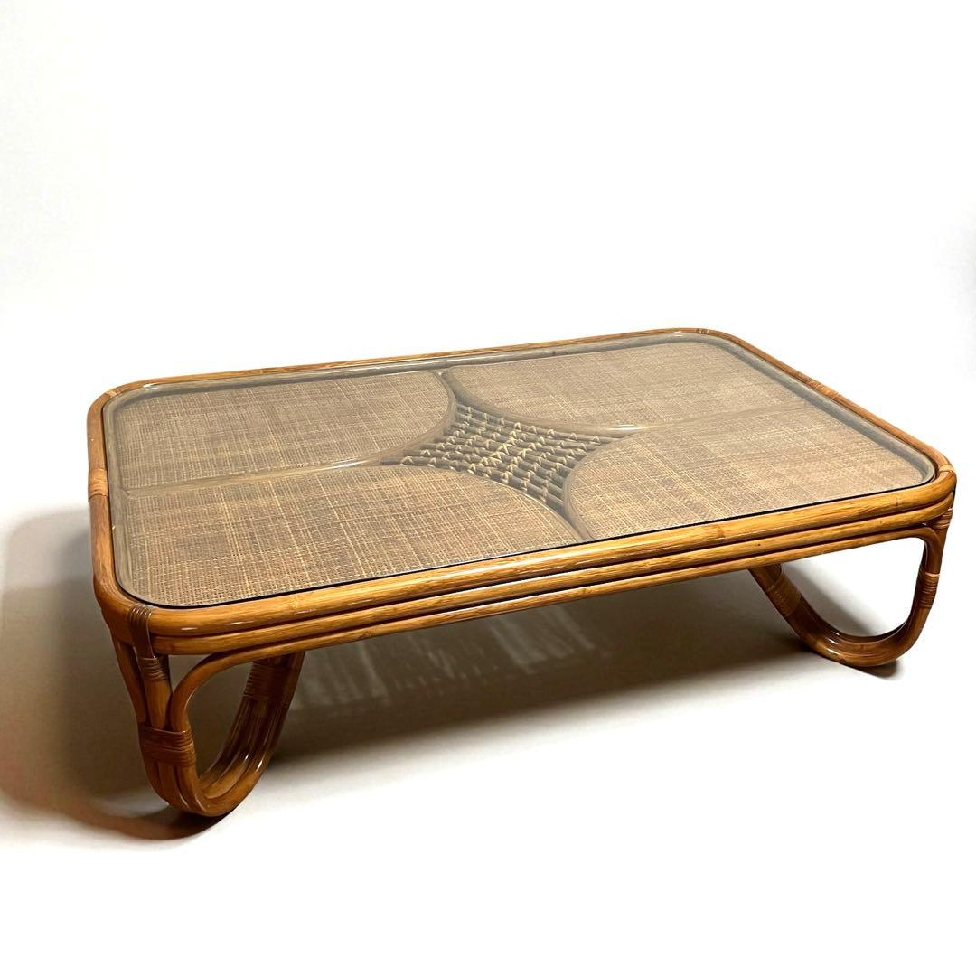 【美品】ラタン製 ローテーブル　センターテーブル　ガラス天板　籐家具　昭和レトロ