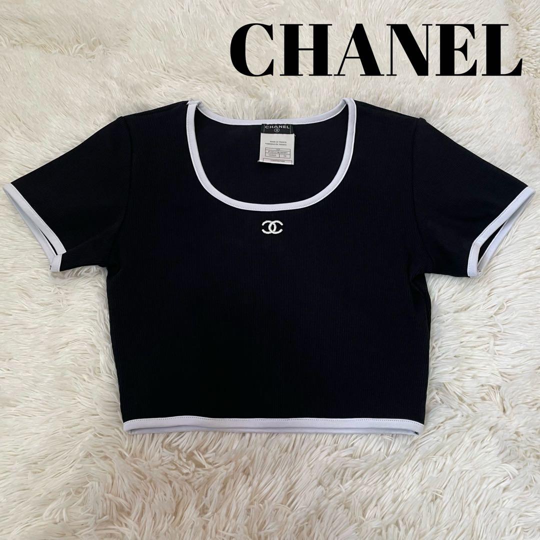美品 シャネル ココマーク クロップド丈 半袖 カットソー Tシャツ 黒 S