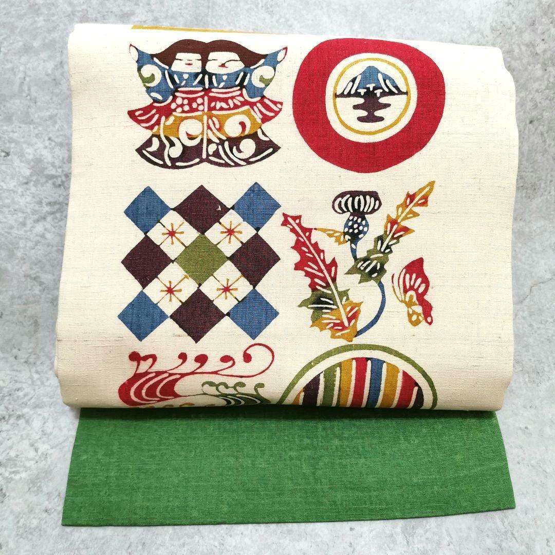 【紬】見ていて楽しい！意味ありげ型染め 名古屋帯 お正月