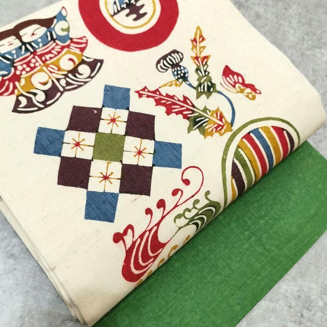 【紬】見ていて楽しい！意味ありげ型染め 名古屋帯 お正月