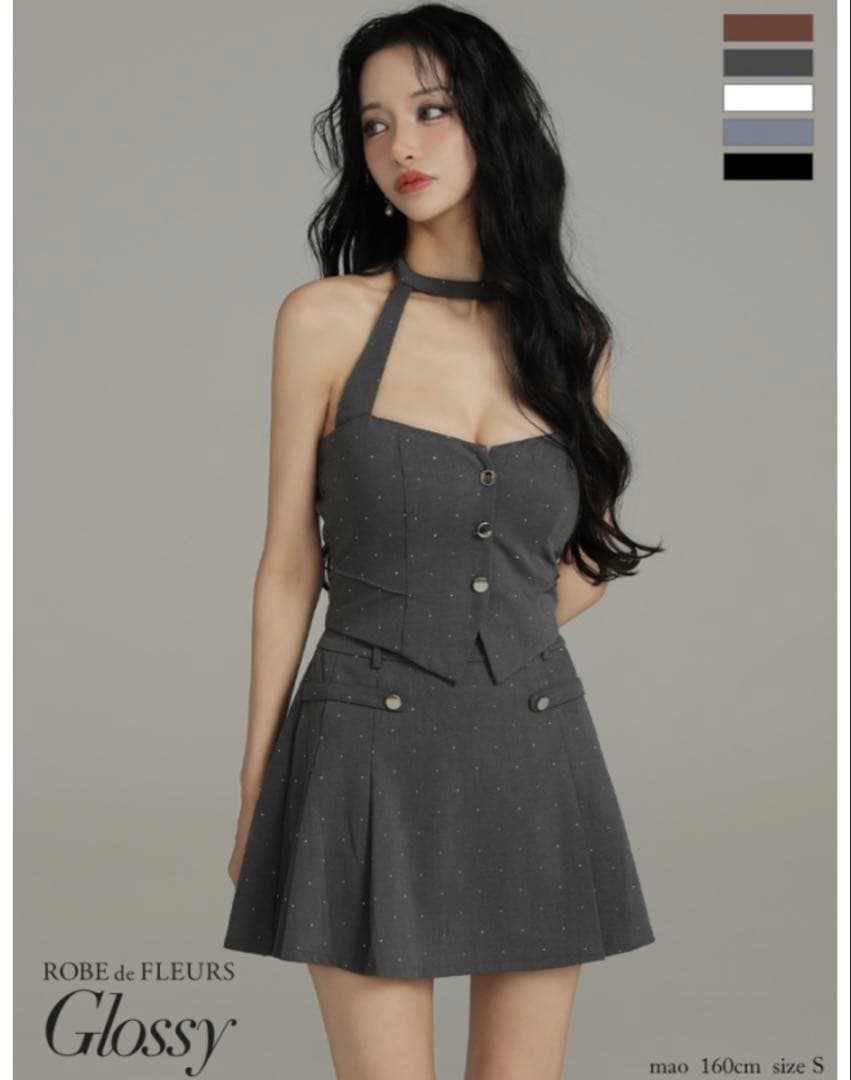 ROBE de FLEURS グレー フレアドレス S