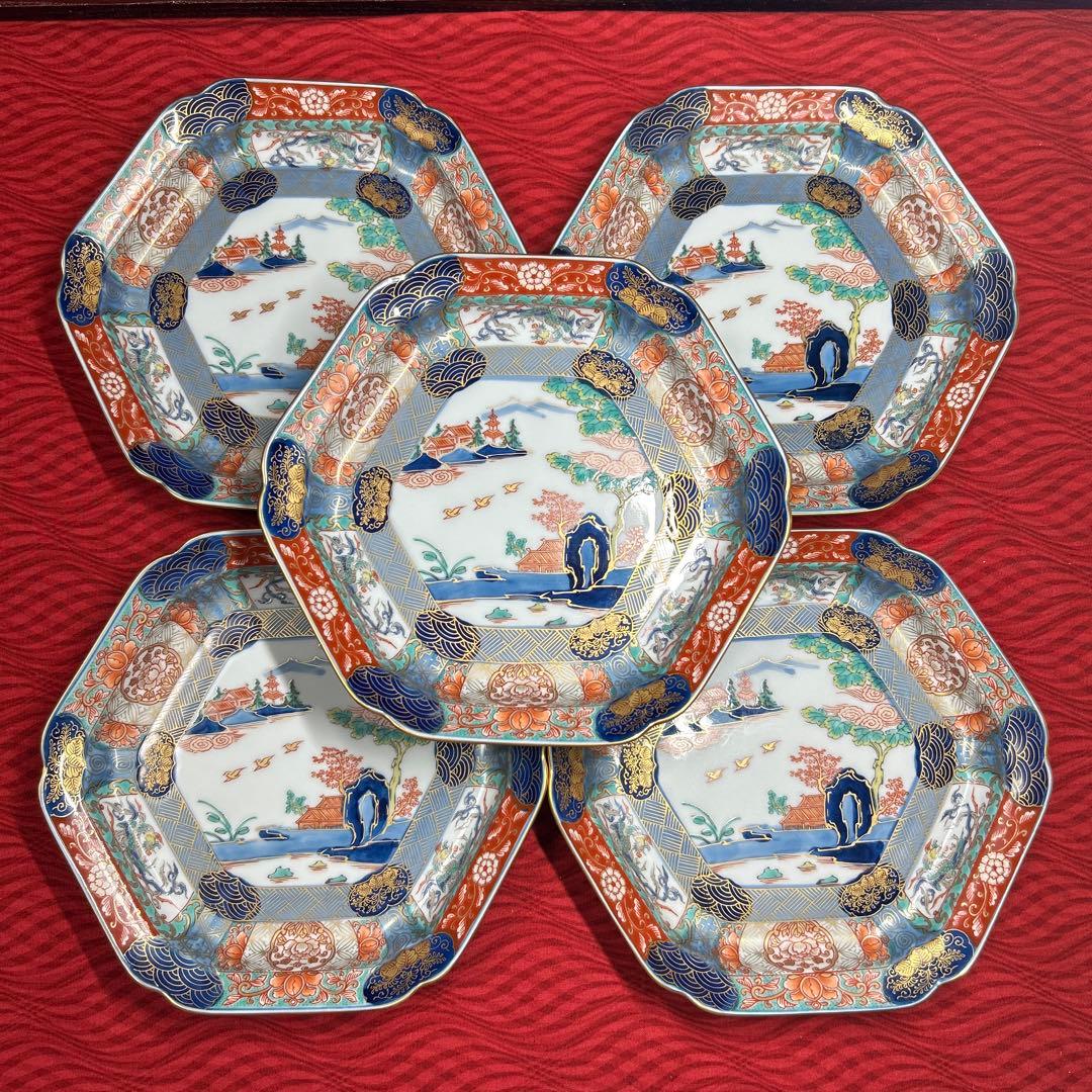 174 有田焼 古伊万里 幸楽窯 錦色絵山水 六角皿 5枚 箱付 18.5cm