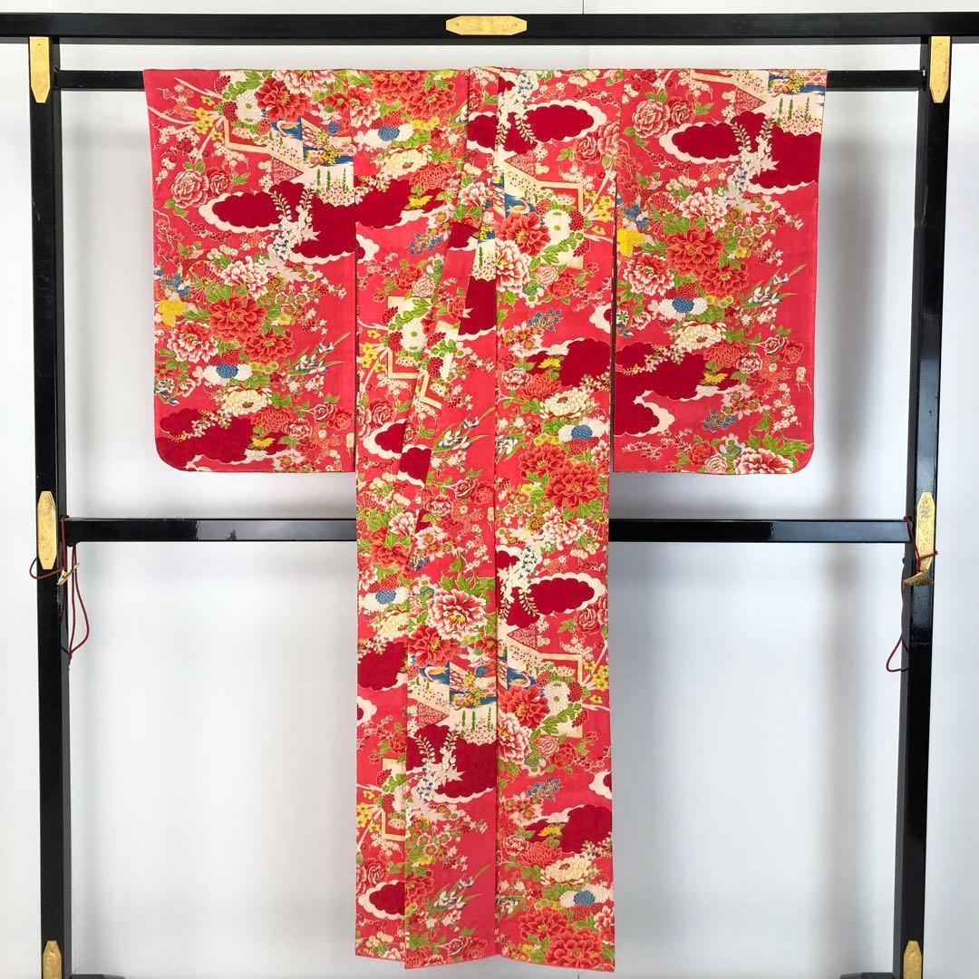 子供着物 十三詣り 花模様 鳥 紅赤色 CK-7375