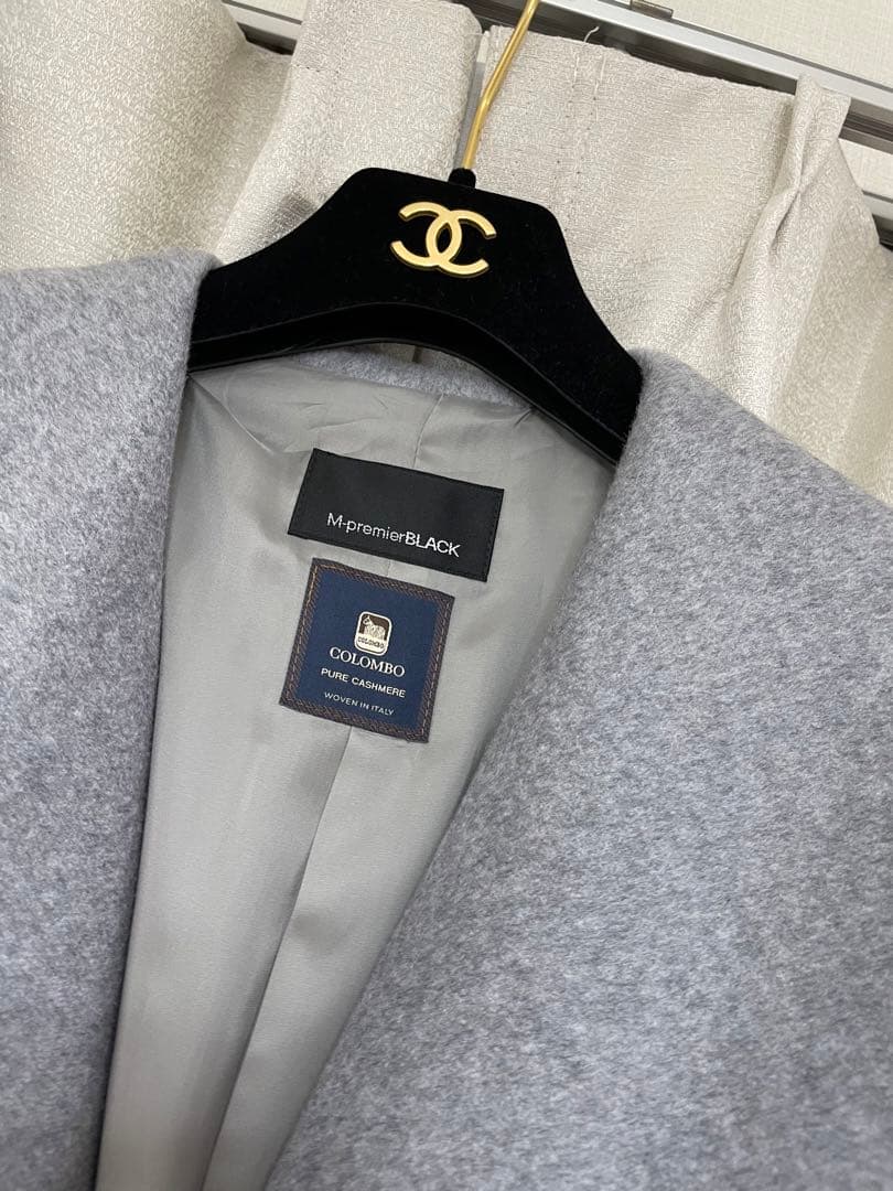 新品 エムプルミエブラック カシミヤベルテッドショールカラーロングコート