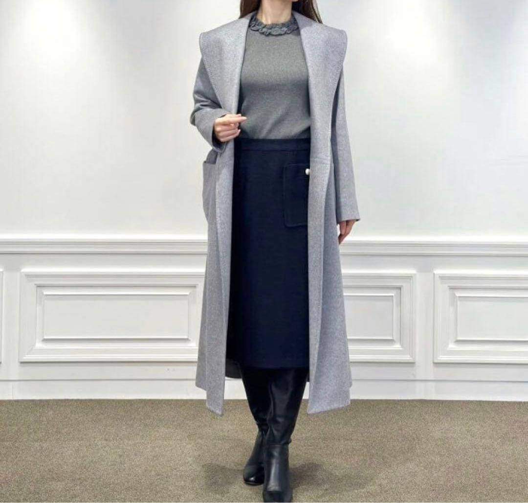 新品 エムプルミエブラック カシミヤベルテッドショールカラーロングコート