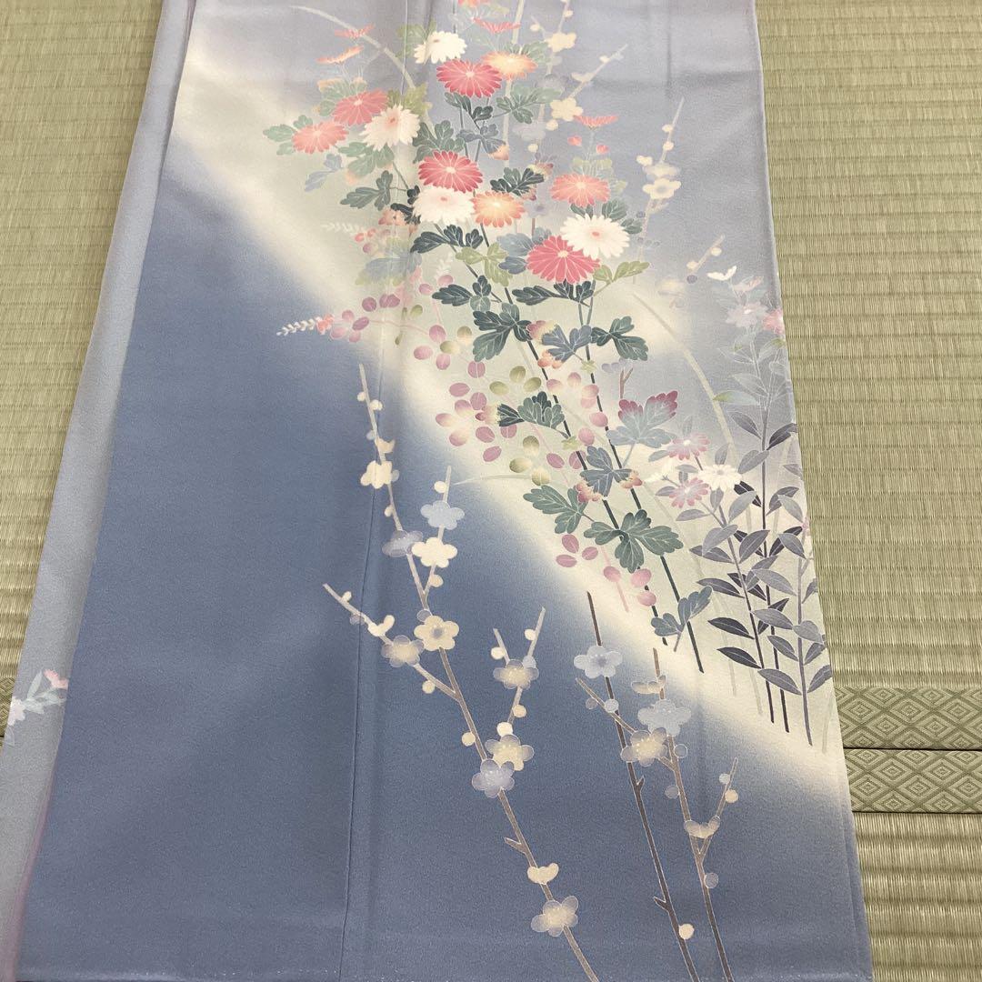 付け下げ訪問着　水色　花模様　正絹