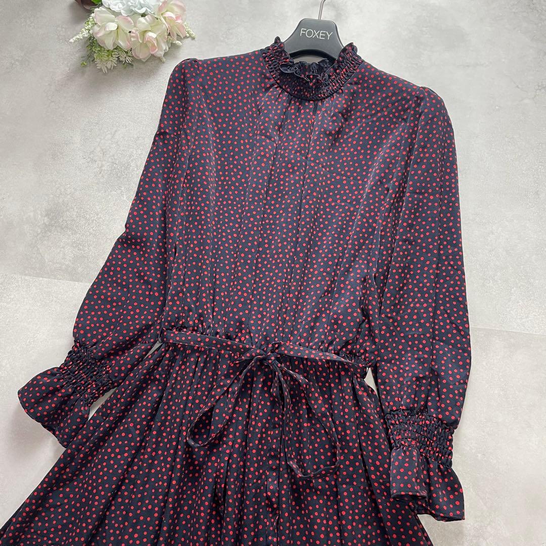 アナイ サテンドットプリントシャーリングワンピース リボン ドット 38 M 赤