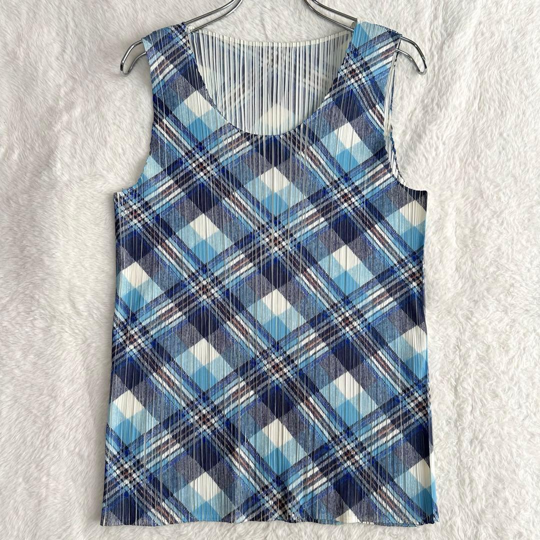 美品✨プリーツプリーズ ノースリーブ タンクトップ カットソー チェック柄 3
