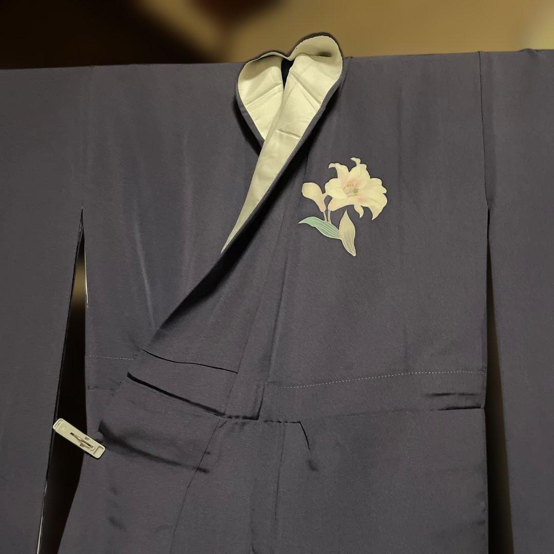 藤色　ユリ花柄 振袖 正絹着物