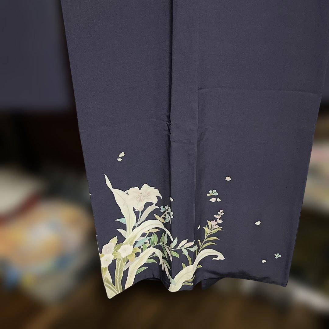 藤色　ユリ花柄 振袖 正絹着物