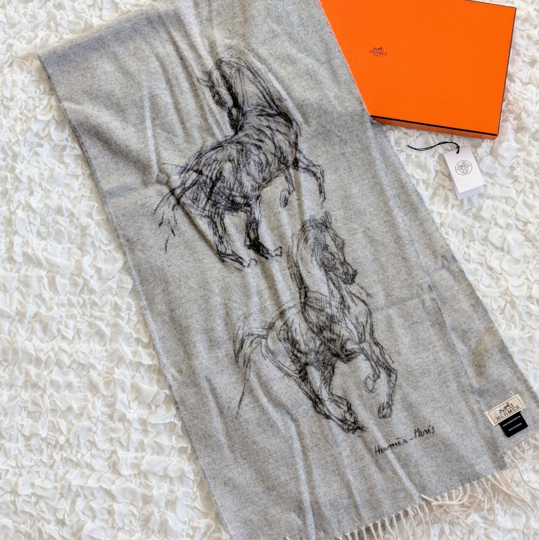 美品 エルメス マフラー ギャロップのピルエット カシミヤ グレー ストール