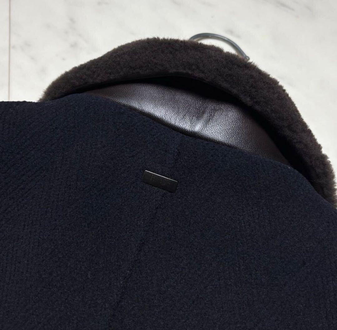 【美品】HERNO RESORT ムートン襟レザー Pコート 46 ネイビー