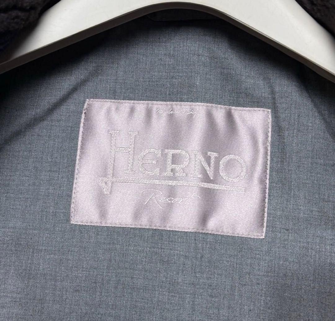 【美品】HERNO RESORT ムートン襟レザー Pコート 46 ネイビー
