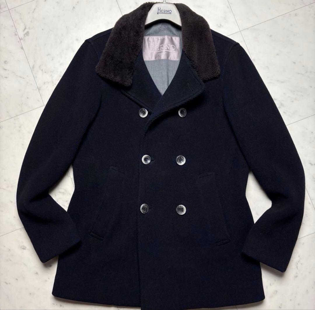 【美品】HERNO RESORT ムートン襟レザー Pコート 46 ネイビー